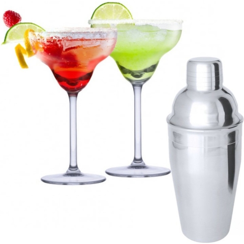 Set van 4x Margarita cocktailglazen met cocktailshaker semi-mat RVS -