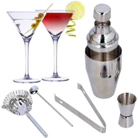 Set van 4x Martini cocktailglazen met luxe 5-delige cocktailshaker set RVS -