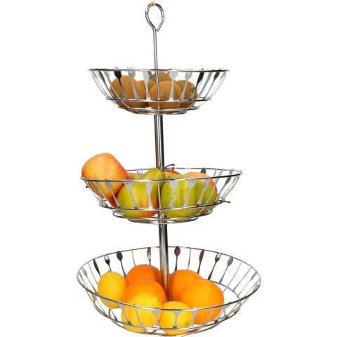 Zilveren ronde fruitschaal/fruitmand etagere bestekpatroon 3-laags met oog 56 cm -