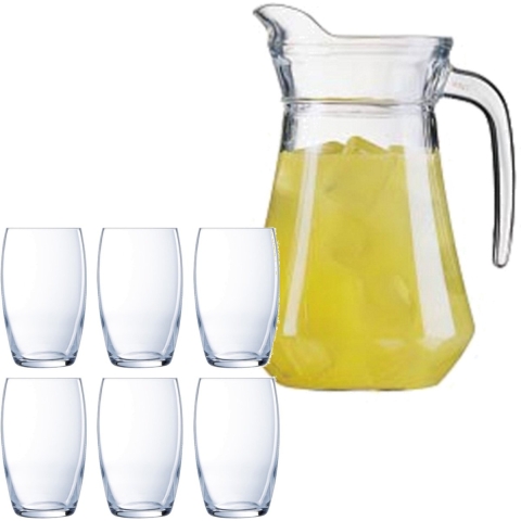Luminarc schenkkan/waterkan van glas 1.0 liter met 6x waterglazen van 375 ml -