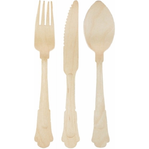 Houten verjaardag/bbq bestek set klassieke stijl 120x stuks -