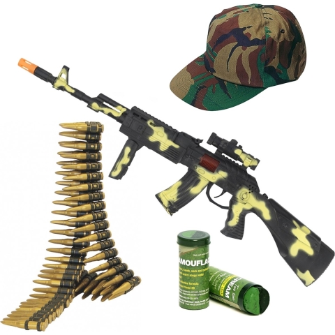 Soldaten/militairen camouflage geweer 59 cm met kogelriem, pet en camouflage schminkstift volwassene -