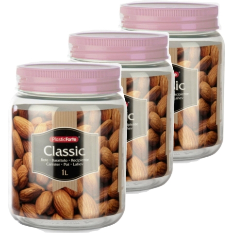 Set van 12x stuks kunststof keuken voorraadpot/weckpot oud roze 1 liter met deksel -