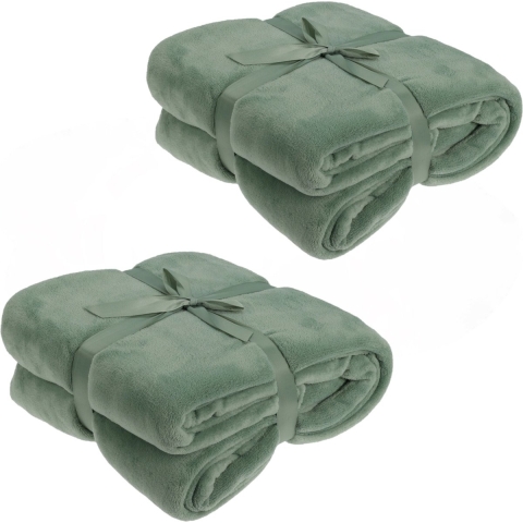 Fleece dekens/plaids - 2x - olijfgroen - 180 x 230 cm -