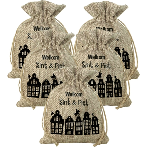 Mini Sinterklaas jute cadeauzak Welkom Sint en Piet - Pakket van 10x stuks - Strooizak met koord - 1 -