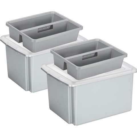 Sunware 2x opslagboxen kunststof 32 liter lichtgrijs 45 x 36 x 24 cm met deksel en organiser tray -