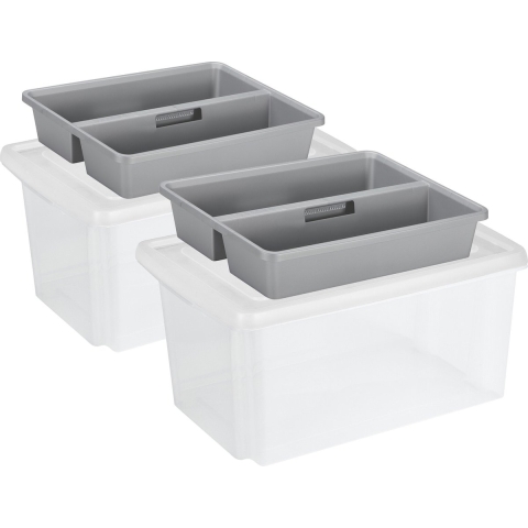 Sunware 2x opslagbox kunststof 51 liter transparant 59 x 39 x 29 cm met deksel en organiser tray -