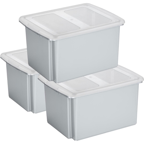 Sunware set van 3x opslagboxen kunststof 32 liter lichtgrijs 45 x 36 x 24 cm met deksel -