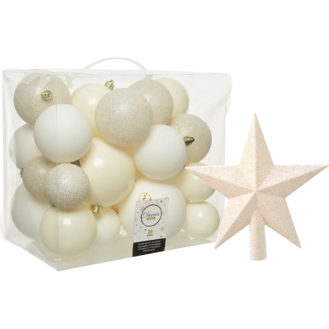26x stuks kunststof kerstballen 6, 8 en 10 cm incl. ster piek wol wit -