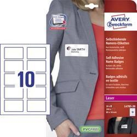 Avery-Zweckform L4785-20 Naametiketten 80 x 50 mm Acetaatzijde Wit 200 stuk(s) Weer verwijderbaar Laser (kleur), Laser (zwart/wit), Handschriften