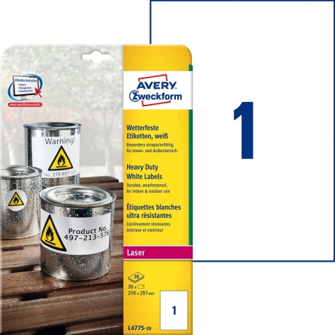 Avery-Zweckform Slijtvaste, weerbestendige folie-etiketten L4775-20 (N/A ),Wit, Rechthoek, 20 stuk(s), Permanent hechtend