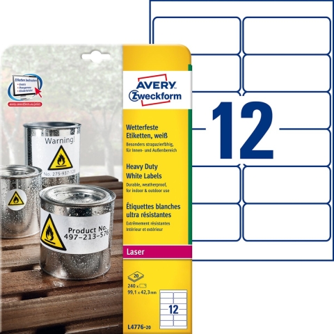 Avery-Zweckform L4776-20 Folie-etiketten 99.1 x 42.3 mm Polyester folie Wit 240 stuk(s) Permanent hechtend Laser (kleur), Laser (zwart/wit), Kopiëren (kleur),