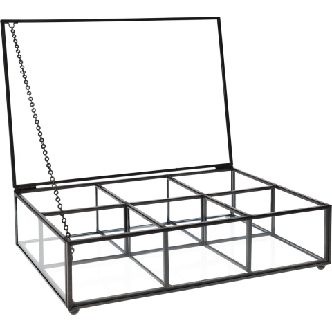 QUVIO Theedoos - Glas - Metaal - Zwart - 6 vakjes