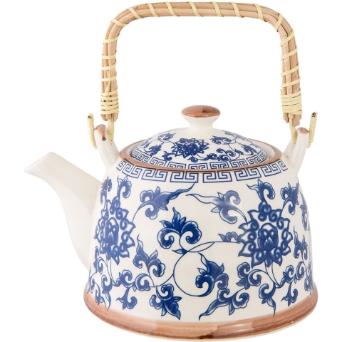 Clayre & Eef Theepot met Filter 700 ml Blauw Keramiek Rond Bloemen