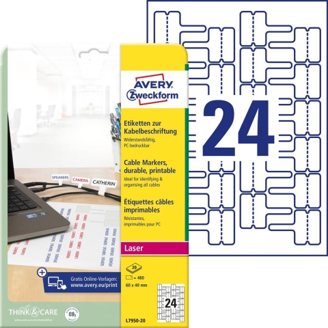 Avery-Zweckform L7950-20 Kabeletiketten 60 x 40 mm Polyester folie Wit 480 stuk(s) Permanent hechtend Laser (zwart/wit), Handschriften