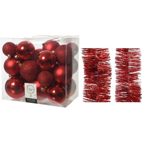 Kerstversiering kunststof kerstballen 6-8-10 cm met folieslingers pakket rood van 28x stuks -