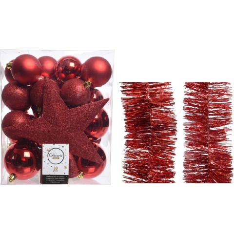 Kerstversiering kerstballen 5-6-8 cm met ster piek en folieslingers pakket rood van 35x stuks -