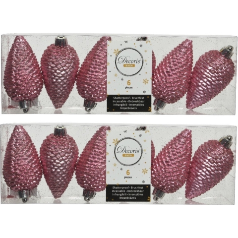 24x stuks kunststof glitter dennenappels kersthangers lippenstift roze 8 cm -