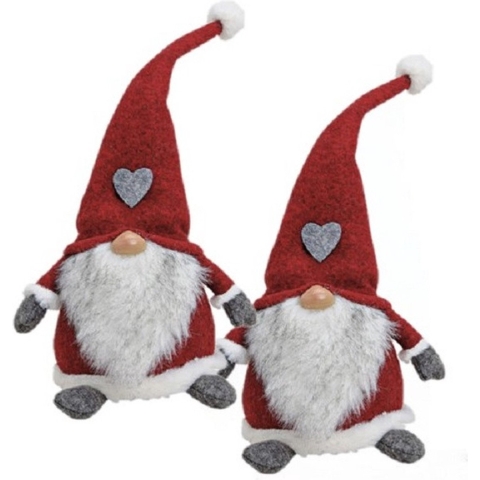 2x stuks pluche gnome/dwerg decoratie poppen/knuffels wit/rood/grijs 16 x 20 x 40 cm -