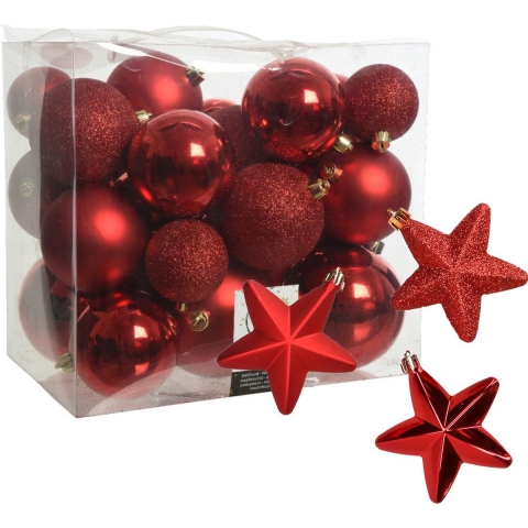 Pakket 32x stuks kunststof kerstballen en sterren ornamenten rood -