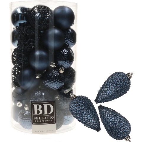 43x stuks kunststof kerstballen en dennenappel ornamenten donkerblauw -