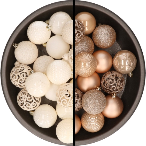 Kunststof kerstballen 74x stuks wol wit en lichtbruin 6 cm -