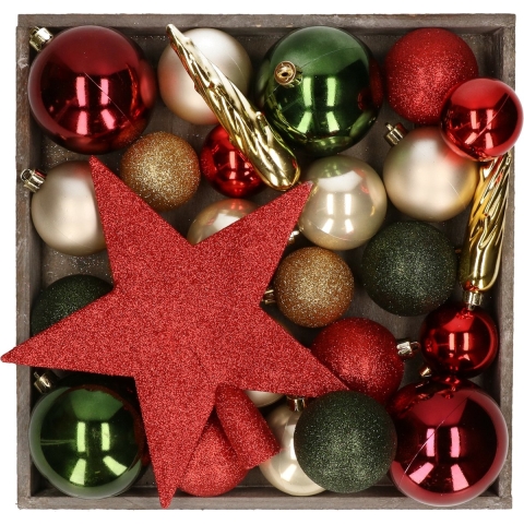Kunststof kerstballen - 45x stuks - met ster piek - groen,creme,rood -