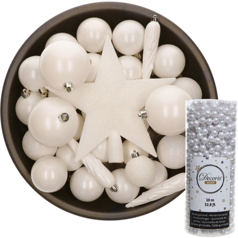 34-delige kunststof kerstversiering pakket wol wit -