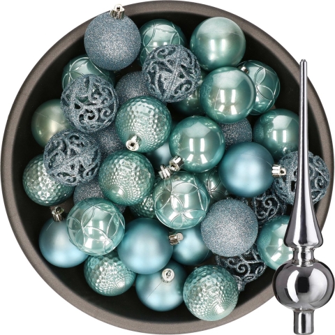 37x stuks kunststof kerstballen 6 cm ijsblauw incl. glazen piek glans zilver -