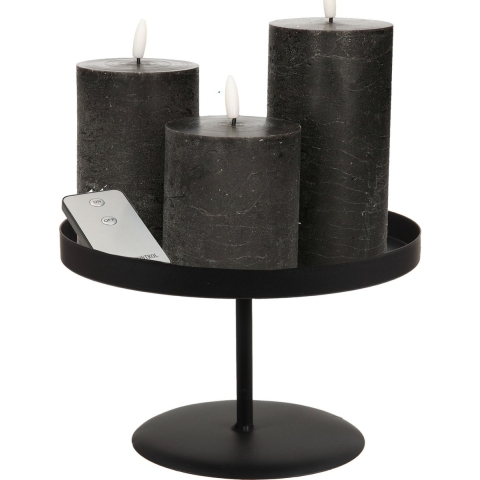 LED kaarsen/stompkaarsen - 3x st - zwart - met zwart rond kaarsenbord 22 cm -