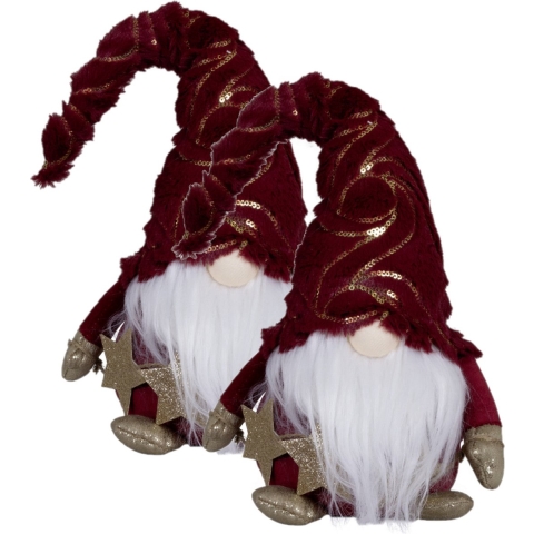 Decoratie poppen - 2x - gnome kerstman - 24 cm - donkerrood/goud - kerstdecoratie -