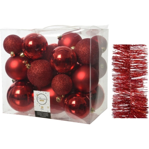 Kerstversiering kunststof kerstballen 6-8-10 cm met glitter folieslingers pakket rood van 28x stuks -