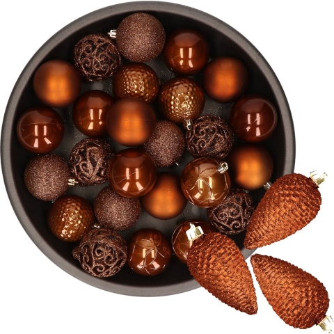 43x stuks kunststof kerstballen en dennenappel ornamenten kaneel bruin -