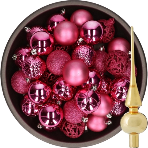 37x stuks kunststof kerstballen fuchsia roze 6 cm incl. glazen piek goud -