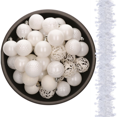 37x stuks kunststof kerstballen 6 cm met kerstslingers wit -