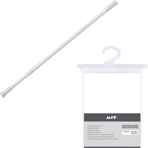 MSV Douchegordijn met ringen - wit - 180 x 200 cm - ophangstang uitschuifbaar 70-120 cm -