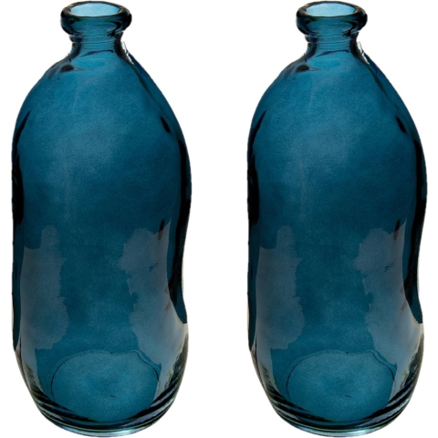 Bloemenvaas - 2x - Organische fles vorm - blauw transparant - glas - H36 x D15 cm -