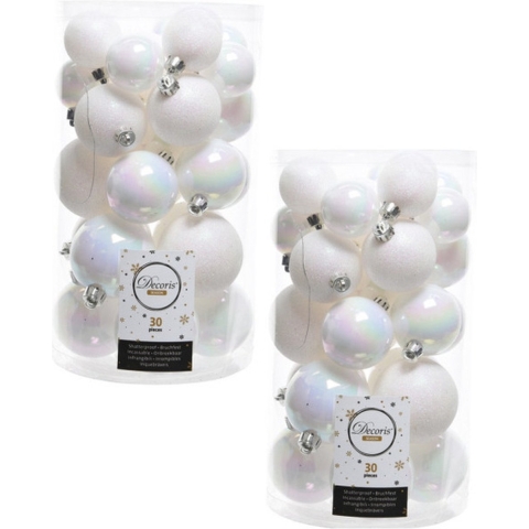 60x Parelmoer witte kerstballen 4 - 5 - 6 cm kunststof -