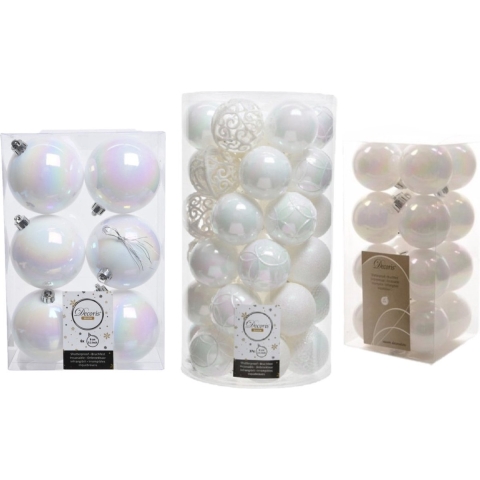 59x stuks kunststof kerstballen parelmoer wit 4, 6 en 8 cm glans/mat/glitter mix -