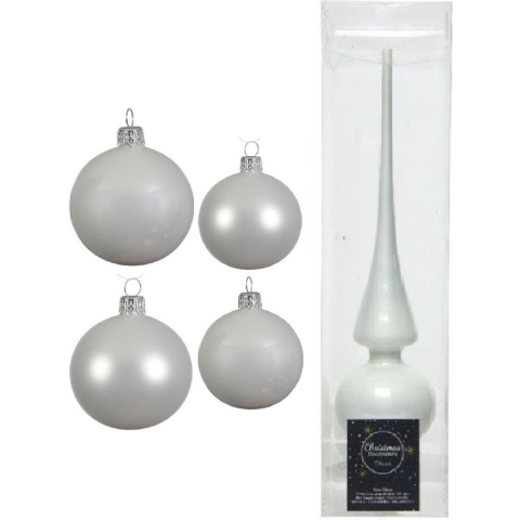 Glazen kerstballen pakket winter wit glans/mat 38x stuks 4 en 6 cm met piek glans -