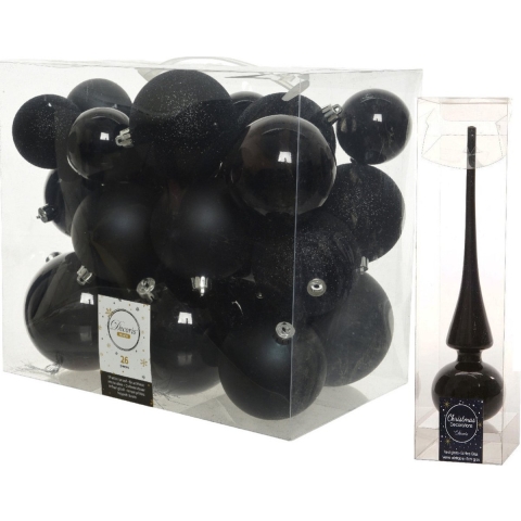 Kerstversiering kunststof kerstballen met piek zwart 6-8-10 cm pakket van 27x stuks -