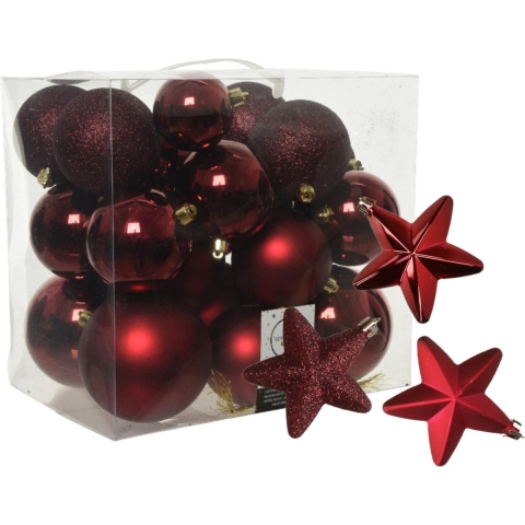 Pakket 32x stuks kunststof kerstballen en sterren ornamenten donkerrood -