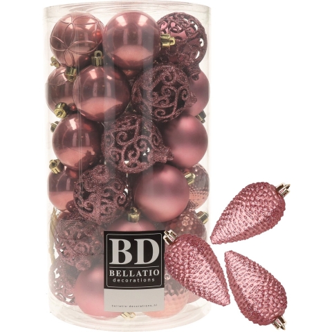 43x stuks kunststof kerstballen en dennenappel ornamenten oudroze -