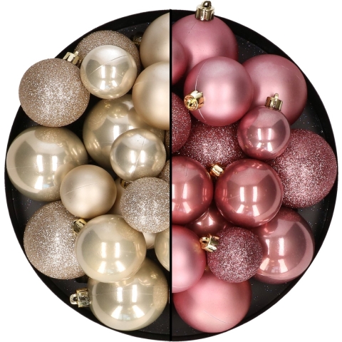Kerstballen 60x stuks - mix oudroze/champagne - 4-5-6 cm - kunststof -