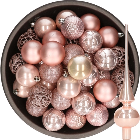 37x stuks kunststof kerstballen 6 cm incl. glazen piek lichtroze -