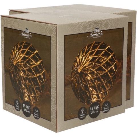 Set van 2x stuks verlichte glazen kerstbal aan touw met 15 lampjes zwart/goud 15 cm -