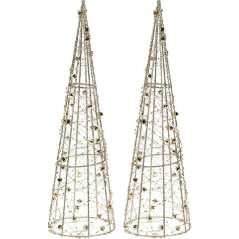 Set van 2x stuks kerstverlichting figuren Led kegel kerstboom lamp 80 cm goud op batterijen met time -