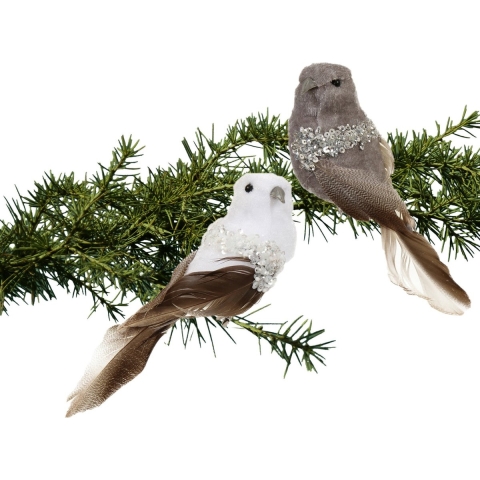 Kerstboomversiering vogels op clip - 12x st - grijs/wit - 17 cm - kunststof -
