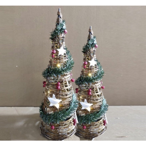 LED kegels/piramide kerstboom lampen - set van 2x - 40 en 60 cm -rotan -met licht -