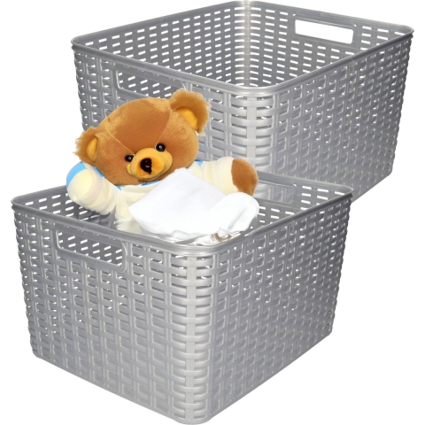 Opbergmand - 4x - Kastmand - rotan kunststof - zilver - 28 Liter - 34 x 40 x 23 cm -